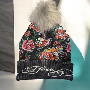 Ed Hardy Black Beanie with Skull and Rose Design NWOT SUPER SOFT